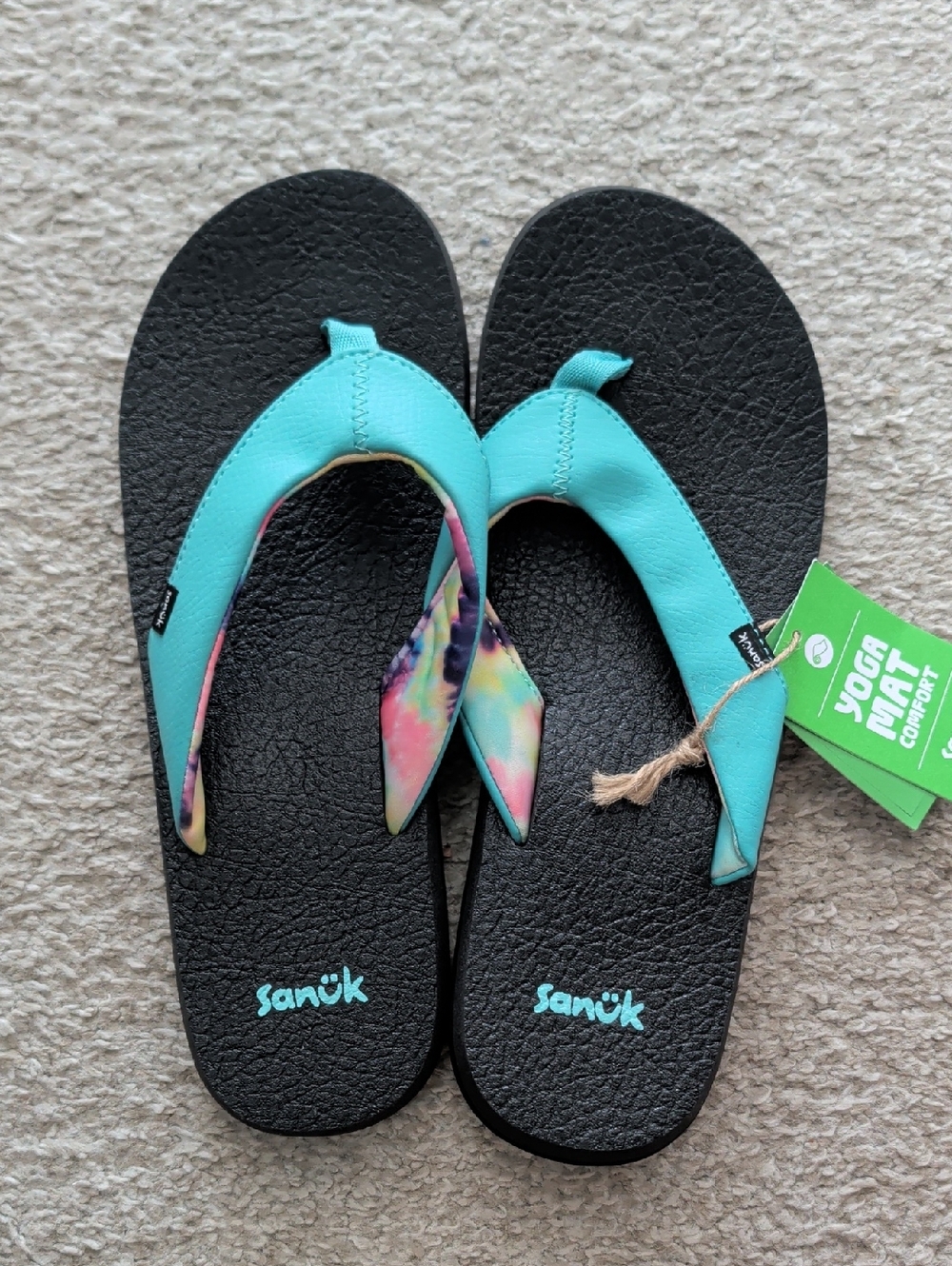 🩵 Sanuk 🩵 Flip Flops - Yoga Mat in Turquoise with Tie-Dye Accents NWT Sz 9